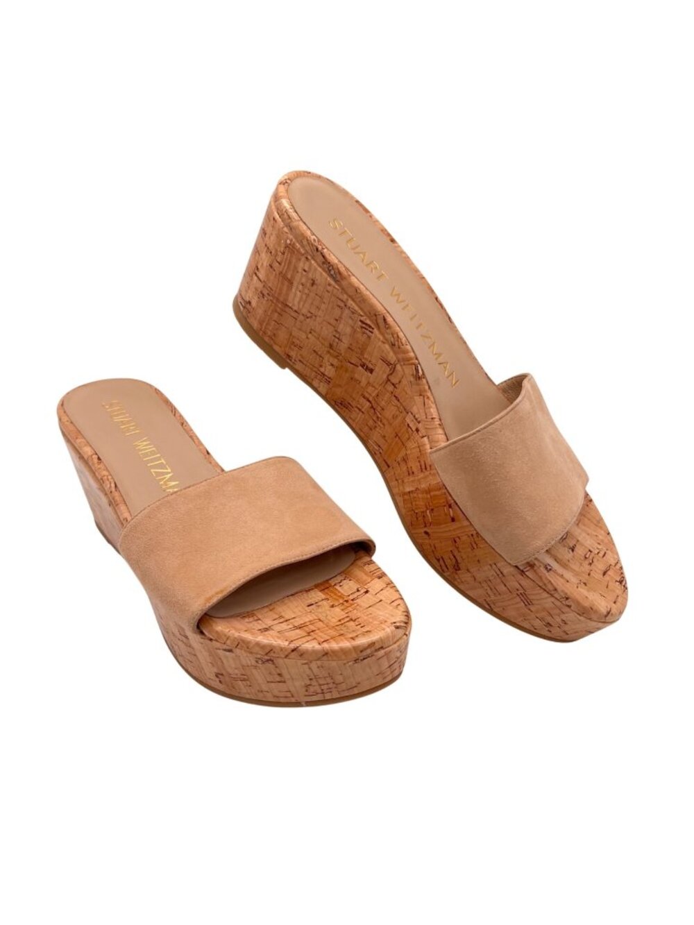 Stuart Weitzman Cork Summer Wedge Platform Sandals Beige Suede Slip-On 6.5B NEW